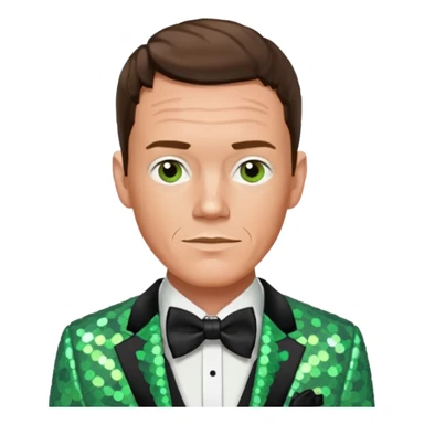 Matthew Lillard with brown hair, light green sequin suit with bow tie sticker