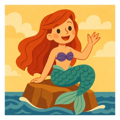The little mermaid, smiling and waving from a rock, in a soft, storybook illustration style. sticker