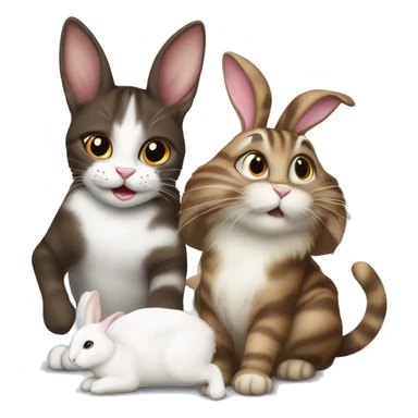 Dark brown and white Tabby Cat playing with a white bunny sticker