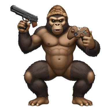 A gorilla holding a gun in the air with a Xbox controller  sticker