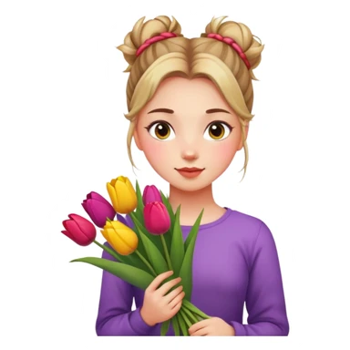A girl with a messy bun, holding a bunch of tulips. sticker