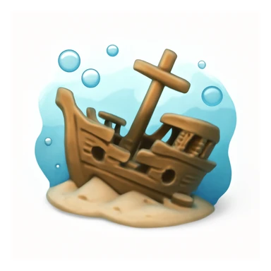 3D iPhone style emoji of a sunken ship underwater, lying on the ocean floor, broken details, surrounded by bubbles and soft blue water effect, isolated on white background, soft shadows, high detail, playful and cute. sticker