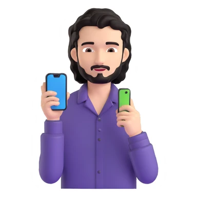 Business professional with black wavy hair, stubble, chiseled face, in casual attire with open collar shirt, relaxed pose with smartphone, warm approachable expression, modern and relatable for social media profile sticker