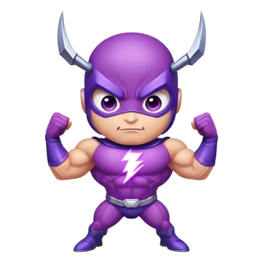 cute purple insect superhero with determined confident eyes, bulging biceps and muscles, electric lightning extending from arms, and a cool smirking expression sticker