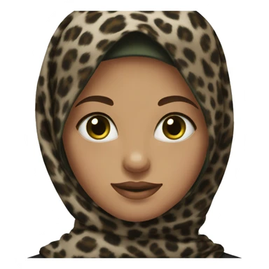 Girl wearing dark brown leopard hijab, green eyes, neck and hairline showing sticker