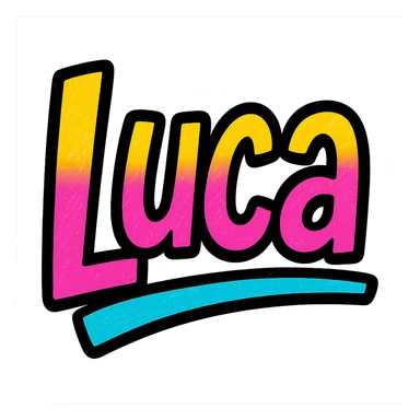 Luca name in modern colorful gradient font with dark outline, dynamic slanted or partial underline, transparent background, in the style of reference patterns sticker