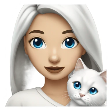 woman with dark hair and holding a all white Siberian cat with blue eyes sticker