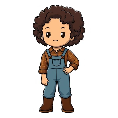 white girl with dark brown curly hair, brown eyes, wearing farm clothes sticker