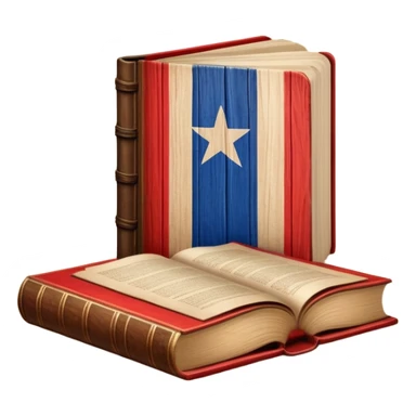 Elegant aged book with the Puerto Rican flag embossed on the cover, wooden theater stage symbol, vintage textured cover with warm wood and parchment tones, slightly glowing, representing the eternal legacy of scenic design in Puerto Rico sticker