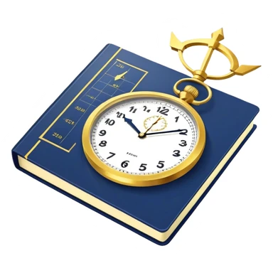 A navy blue productivity book with gold details, running clock and chart with upward trend aura, radiating productivity, strategy, and success in motion with time and happiness yellow sticker