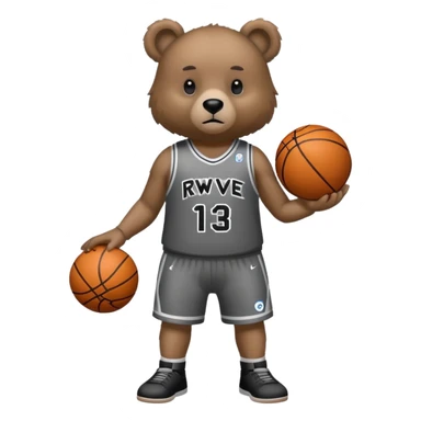 Bear with full body and wearing basketball black and gray jersey that says RWE  sticker
