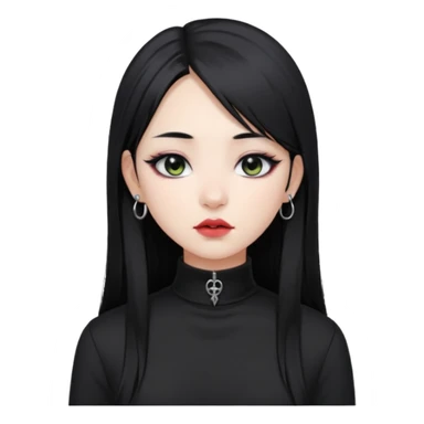 goth Asian girl, straight long black hair, lip piercing, black mock neck shirt sticker