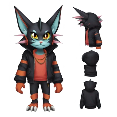 Cool Anthro Black Noivern-Nargacuga-Litten-cat-Pokémon with edgy stripes hoodie spiked collar punk Full Body sticker