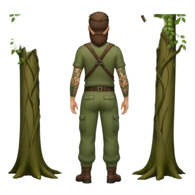 full body ranger style man, medium beard, from behind, low waist forest trousers, vine tattoos across back sticker