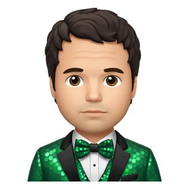 Mark Ruffalo with dark brown hair, dark green sequin suit with bow tie sticker