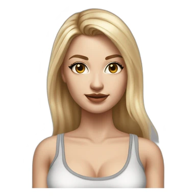hyperrealist caucasian, long blonde hair, brown eyes, woman, white decollette tank top, gray tight mini skirt, black high heels, frontal view sticker