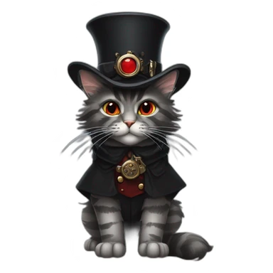 a dark grey tabby maine coon with red eyes wearing a black steampunk hat and a grey hunter cloak sticker