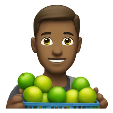 A white man with brown hair and tall carrying many limes in his hands in a supermarket. Make it so the limes are nearly overflowing the basket. sticker