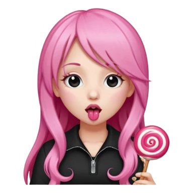 Cute girl with long pink hair wearing black licking a lolli sticker