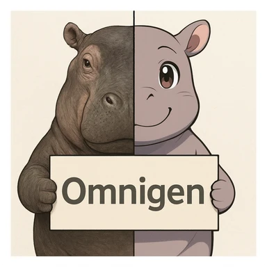 two hippo holding sign of omnigen, half picture 1 hippo is realistic another half is the anime of that same second hippo, with before after mark sticker