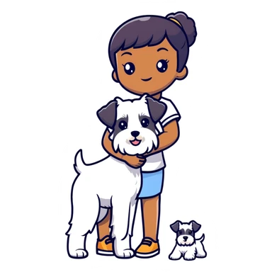 Black girl with short bangs holding a white schnauzer dog sticker