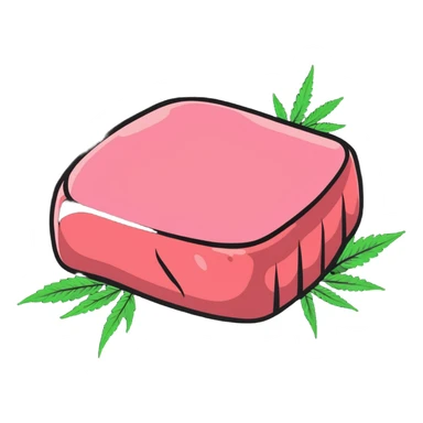 Pink wagyu steak with cannabis leaf decoration sticker