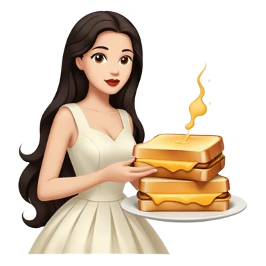 Beautiful woman in 1950’s woman fashion look, white dress, long dark brown hair, grilled cheese sandwiche sticker