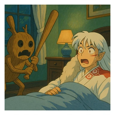 Wooden creature holding a baseball bat and scaring sesshomaru While he is sleeping We are shocked sticker