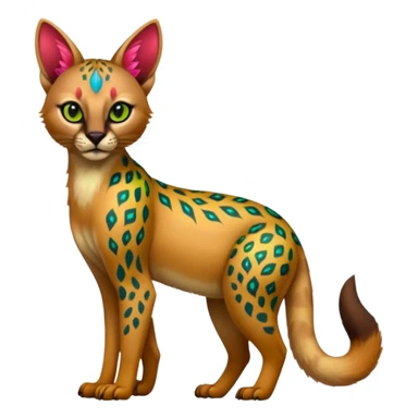 Colorful cute adorable tropical exotic fruity kiwi-green lemony rosy neon-red Caracal-Cheetah-Civet-Trico-fusion-hybrid-animal-creature, full body, with tribal tattoos sticker