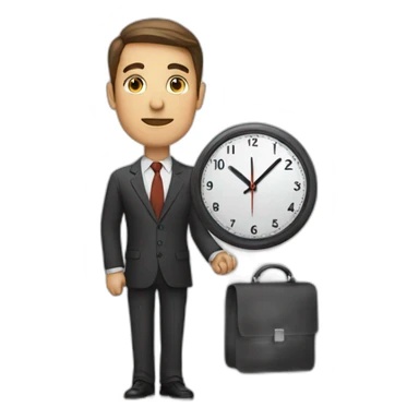 a man in a suit holding a clock sticker