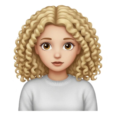 a dirty blonde girl with brown eyes and make her wearing a white sweater with curly hair and white skin color, long hair and big lashes sticker