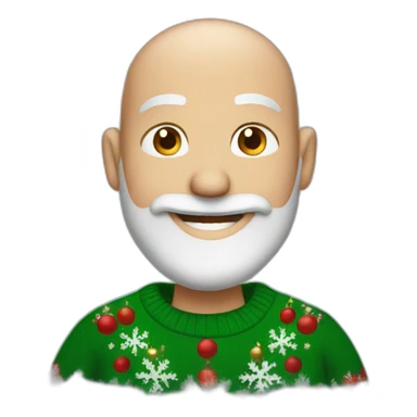 a smiling bald man with a gray beard, wearing a Christmas sweater sticker