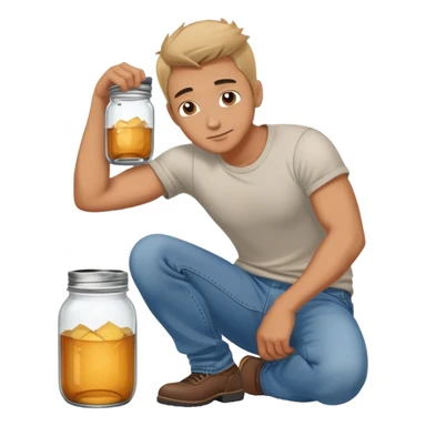 Man bending down to sit on a mason jar sticker