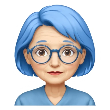 old lady with blue hair, wearing glasses, slight curl sticker