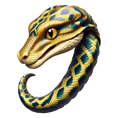 Cinematic Noble Python Portrait Emoji, Poised and regal, with a powerful, sinuous body adorned in intricate scale patterns and piercing, focused eyes, Simplified yet sharp and sophisticated features, highly detailed, glowing with a soft, earthy glow, high shine, intelligent and formidable, stylized with an air of primal elegance, focused and commanding, soft glowing outline, capturing the essence of a watchful and confident serpent that appears ready to coil out of the screen with effortless authority! sticker