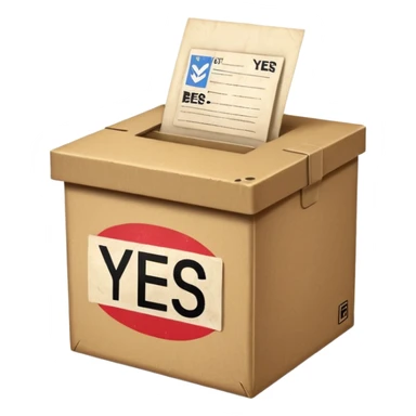 Vote box with "yes, but" aber' written on the front and paper entering the top slot sticker
