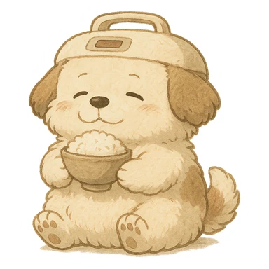 chibi rice cooker as a soft, fluffy dog with a round belly, holding a rice bowl, soft cream and brown, full-body sticker