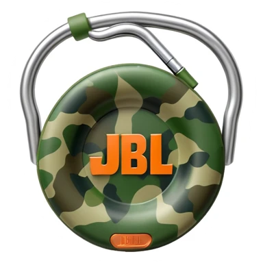 Extremely simple JBL Clip 4, clean circular form with hook, just 2-3 green camo elements, prominent JBL logo, iOS emoji style sticker