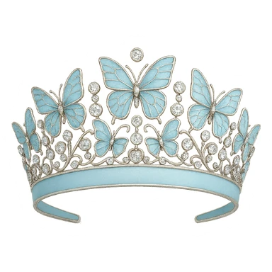 butterfly crown with a pastel blue base, butterflies in light blue enamel, sparkling gems sticker