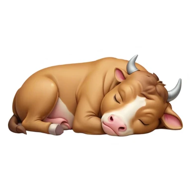 Meme-Worthy Cute Sleeping Domestic Bull Portrait Emoji, Head resting peacefully with a contented smile, showcasing a robust, muscular build and a luxuriously soft coat, eyes gently closed in serene, restful slumber, Simplified yet hilariously adorable features, highly detailed, glowing with a soft, drowsy natural light, high shine, relaxed and utterly lovable, stylized with an air of playful laziness, soft glowing outline, capturing the essence of a sleeping domestic bull that feels destined to become the next viral sensation of adorable rest! sticker