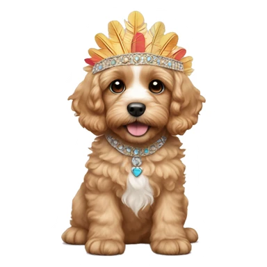 blond cavapoo puppy wearing a featheredheaddress sticker