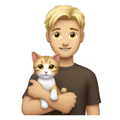 young beautiful guy with blonde hair and brown little cat in his hands  sticker