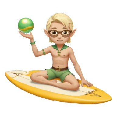 elf male legolas sitting on surfboard (ashore), hands manipulating two orbs of swirling seawater giving a "massage" to his own shoulders, wearing relaxed linen shorts over swimwear, tinted elven sunglasses, pointy ears, content expression, centered emoji sticker