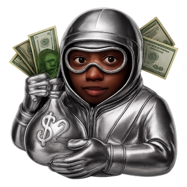 Make the face slimmer and more natural, not fat. Keep the face brown, money green, and everything else chrome in 3D metallic style. Remove the background. sticker