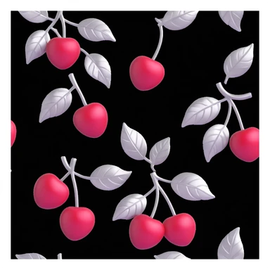 silver metal cherries in a 3D style, highly reflective, detailed, with metallic leaves, transparent background sticker