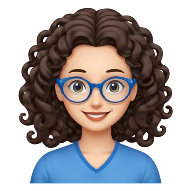 woman with extra large forehead, extra long dark brown spiral curled hair, blue glasses, smiling with head tilted sticker