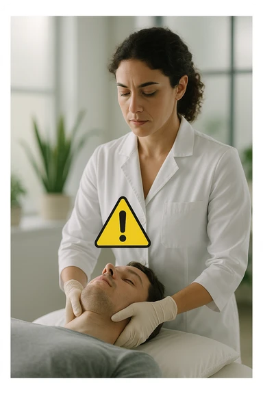 cinematic vertical scene in a bright contemporary osteopath’s office, female osteopath in her 30s with olive skin and curly dark hair tied back wearing tailored white coat and latex gloves gently performing cervical manipulation on a patient lying supine, bold yellow warning triangle with exclamation mark floating above patient's neck signaling risk for postural asymmetry, background with frosted glass potted plants and soft daylight, crisp realistic lighting with shallow depth of field, professional editorial feel, serious and informative mood sticker