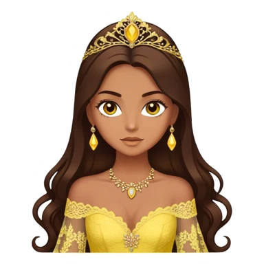 enchantress with brown eyes and tanned skin and long chocolate brown hair wearing a embellished yellow lace gown sticker