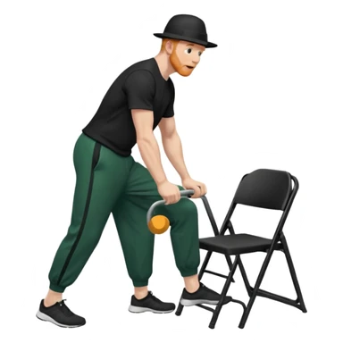 גבר זקן ג'ינג'י מלא כובע שחור הפוך חולמה שחורה ומכנסיים ירוקות ארוכות מבצע תרגיל לאנג' בתמיכת כיסא מהצד שתי רגליים על הרצפה מח^זיק כיסא בידו  תמיכה קלה ידו על משענת הכיסא sticker