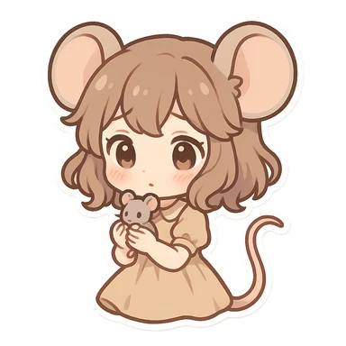 chibi stickers style mouse girl with big round ears, holding a tiny mouse, cute and shy sticker